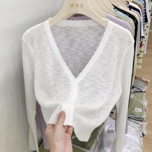 V neck Long Sleeve Knit Cardigan Free Size